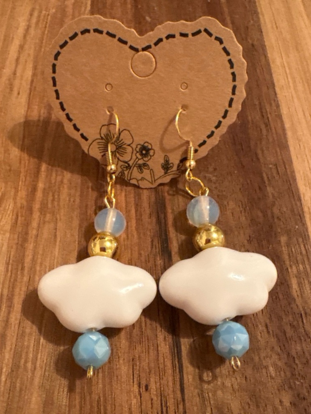 Handmade Gold-Tone Cloud Drop Earrings with White and Light Blue Beads